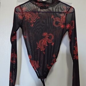 PrettyLittleThing Black and Red Dragon Mesh Bodysuit